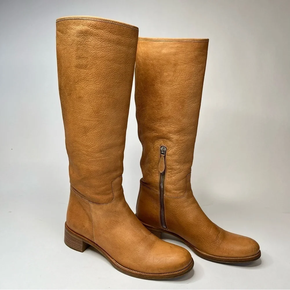 VINTAGE Prada 1990s Tan Camel Italian Leather Side Zip Pullon Classic Flat Boots - Picture 1 of 16